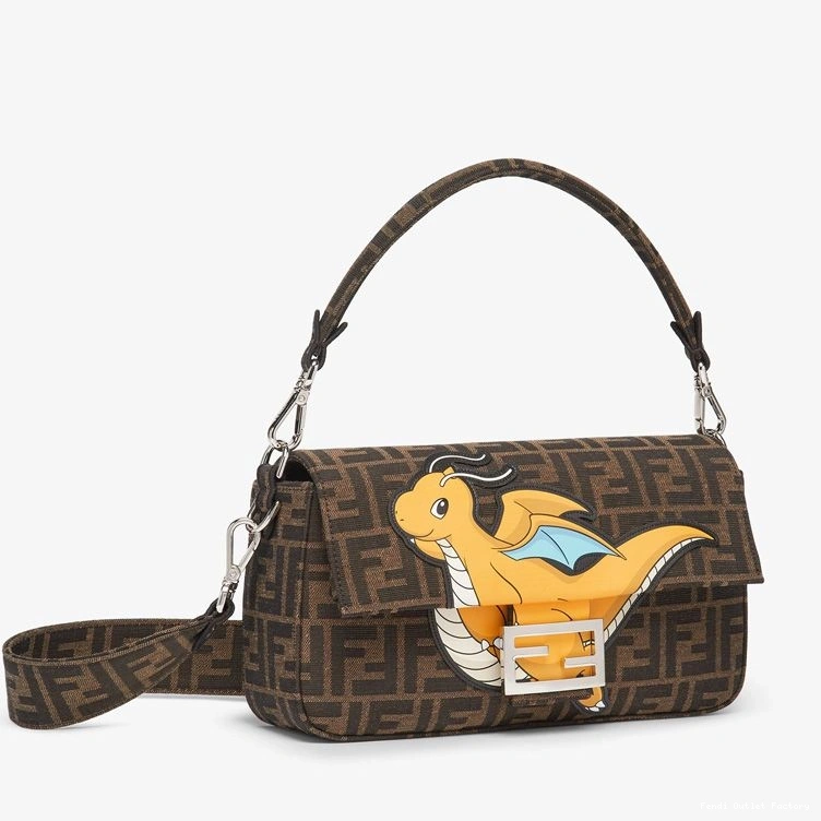 Cheap HOT Yellow Dragon Fendi Brown FF Fabric Baguette Bag Medium In Motif Pokmon 0812